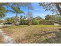 Expansive front yard featuring mature trees and green grass, offering curb appeal for this home at 1366 Wexford N Dr, Palm Harbor, FL 34683