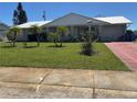 Inviting home with a well-kept lawn and young palm trees, offering a welcoming curb appeal at 1516 Arrowhead Dr, Sun City Center, FL 33573