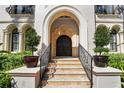 Elegant front entrance features a grand arched doorway, stone steps, and meticulously manicured potted plants at 44 Martinique Ave, Tampa, FL 33606