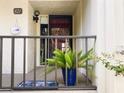 View of the front porch with address 821, featuring plant in a blue pot at 700 Starkey Rd # 821, Largo, FL 33771