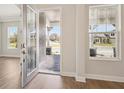 Welcoming foyer showcasing a glass front door, views of the front yard, and wood-look floors at 12817 Daleridge Pl, Riverview, FL 33579