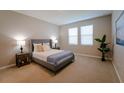 Comfortable bedroom with neutral walls, plush carpeting, a queen-size bed, bedside tables, and stylish lamps at 34329 Evergreen Hill Ct, Wesley Chapel, FL 33545