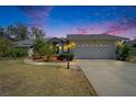 Charming single-story home with mature landscaping, two-car garage, and walkway under beautiful dusky sky at 2910 Pine Club Dr, Plant City, FL 33566