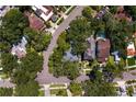 An aerial view showcases a residential neighborhood with lush trees, showcasing the layout of the neighborhood at 43 Aegean Ave, Tampa, FL 33606