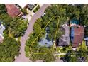 An aerial view shows the property lines of a lush residential neighborhood with mature trees and nearby houses at 43 Aegean Ave, Tampa, FL 33606