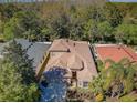 Aerial view of a beautiful home with a well-manicured lawn, mature trees, and a two-car garage at 15925 Pond Rush Ct, Land O Lakes, FL 34638