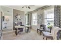 Bright home office featuring neutral decor, large windows, stylish furnishings, and mirrored walls at 19672 Gladeview Way, Land O Lakes, FL 34638