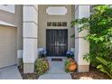 Elegant double front doors with sidelights, framed by decorative pillars and lush greenery, enhancing the home's curb appeal at 9314 Heritage Oak Ct, Tampa, FL 33647
