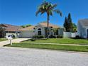 Beautiful single-story home with a two-car garage, manicured lawn, and mature landscaping, including a palm tree at 29123 Crossland Dr, Wesley Chapel, FL 33543