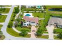 Aerial shot of property featuring lush greenery, a pool, and a beautiful home with palm trees at 3226 Cordoba Ranch Blvd, Lutz, FL 33559