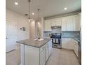 Open kitchen featuring a granite island, stainless appliances, and white cabinetry at 19212 Iron Topsail Isle, Land O Lakes, FL 34638
