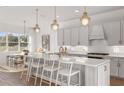 Modern kitchen features a large island with bar seating, pendant lights, and stainless steel appliances at 9825 Autumn Ridge Ave, Riverview, FL 33578