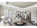 Open-concept living area with hardwood floors, a tray ceiling, and plenty of natural light at 9827 Crescent Moon Dr, Riverview, FL 33578