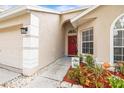 Close-up of the front entrance with a red door, decorative plants, and a 'welcome' sign at 13438 White Elk Loop, Tampa, FL 33626