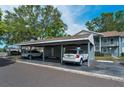 Assigned covered parking spaces for a condo with lush landscaping around the area at 1438 Millstream Ln # 201, Dunedin, FL 34698