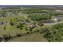 Wide aerial perspective of the property, highlighting its generous lot, nearby pond, and mature landscaping at 34201 Kentucky Derby Pl, Dade City, FL 33525