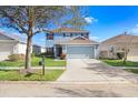 Beautiful two-story home featuring blue siding, a two-car garage, and well-kept landscaping in a tranquil neighborhood at 20631 Great Laurel Ave, Tampa, FL 33647