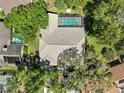 Aerial view of a beautiful home with a screened-in pool surrounded by lush greenery at 3267 Westcott Ct, Palm Harbor, FL 34684