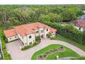Aerial view of a Mediterranean-style home with a red tile roof, lush landscaping, and a brick driveway at 17005 Madres De Avila, Tampa, FL 33613