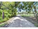 Long gravel driveway lined with trees and fencing leading to the home, showcasing privacy and rural charm at 9017 S County Line Rd, Lithia, FL 33547