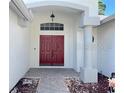 Inviting entryway featuring a stylish double door and decorative accents at 14305 Tennyson Dr, Hudson, FL 34667