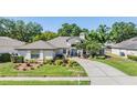 Charming single-story home with a well-manicured lawn and a circular driveway, exuding curb appeal at 16808 Woburn Ln, Lutz, FL 33549