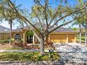 Inviting home featuring a three-car garage, manicured landscaping, and a charming entryway at 19230 Wind Dancer St, Lutz, FL 33558