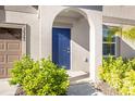 Inviting blue front door framed by an arched entryway and lush landscaping, enhancing curb appeal at 36365 Flats St, Zephyrhills, FL 33541