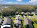 Birds-eye view of houses featuring manicured lawns backing up to peaceful wooded areas at 30829 Iverson Dr, Wesley Chapel, FL 33543