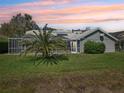 The property features a spacious, green backyard with a screened-in patio and a view of a large, mature palm tree at 954 Cobblestone Ln, Tarpon Springs, FL 34688