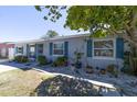 Charming home featuring a light-gray brick exterior with striking blue shutters and a beautifully landscaped front yard at 6712 W Clifton St, Tampa, FL 33634