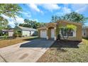 Inviting single-story home with tan stucco, a well-kept lawn, and a long driveway on a sunny day at 8528 Quarter Horse Dr, Riverview, FL 33578