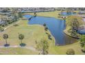 Aerial view of homes surrounding a lake and golf course, connected by a scenic wooden bridge at 18836 Summersong Dr, Hudson, FL 34667