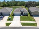 Overhead view of a well-maintained home with a lush lawn, situated between two similar houses at 8352 Greenway Ave, Wesley Chapel, FL 33544