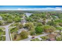 Expansive aerial view showcasing the home's location within a lush, tree-filled neighborhood near a lake at 22119 Weeks Blvd, Land O Lakes, FL 34639