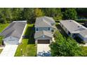 Aerial view of a home surrounded by lush landscaping and neighboring houses at 4250 Warwick Hills Dr, Wesley Chapel, FL 33543