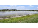 Picturesque view of the lake from the property's edge, showcasing waterfront living at 18184 Turning Leaf Cir, Land O Lakes, FL 34638