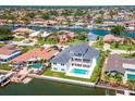 Overhead view of waterfront home, boasting a pool, lush landscaping and bay access with boat dock at 2050 Hawaii Ne Ave, St Petersburg, FL 33703