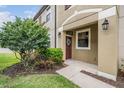 Close up of the front door and entry way of a two-story townhome with lawn at 11602 Crowned Sparrow Ln, Tampa, FL 33626
