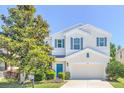 Charming two-story home featuring manicured landscaping, attached two-car garage, and vibrant blue shutters at 1218 Halapa Way, Trinity, FL 34655