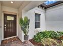 Inviting front entrance with a decorative welcome mat, plants, and a brick walkway at 16927 April Plush Dr, Wimauma, FL 33598