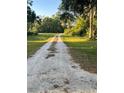 Long gravel driveway leading to a secluded property surrounded by lush greenery and mature trees on a sunny day at 7006 41St E Ave, Bradenton, FL 34208