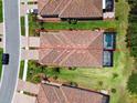 Aerial view showcases home with large backyard and screened pool at 12379 Amica Loop, Venice, FL 34293