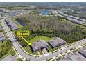 An aerial view shows a residential area, showcasing homes, landscaping, and nearby natural features at 16710 Shell Bay Dr, Land O Lakes, FL 34638