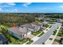 Aerial view of a home on a corner lot, showcasing the backyard and nearby community amenities, including a pond at 18636 Sailors Delight Pass, Land O Lakes, FL 34638