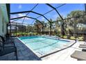 Sparkling pool area enclosed with screen, surrounded by comfortable seating and lush landscaping at 20647 Ovid Ln, Venice, FL 34293