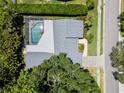 Aerial view of property featuring screened pool, mature trees, and privacy at 1810 Pine Hill Dr, Safety Harbor, FL 34695