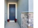 Inviting front entrance with a modern blue door and decorative stone accents at 6426 Bradford Woods Dr, Zephyrhills, FL 33542