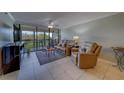 This charming living room features a leather sofa set and sliding glass doors to the balcony at 11590 Shipwatch Dr # 342, Largo, FL 33774