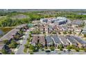 Aerial view showcasing the community with mature trees, a pool, and modern architecture at 28642 Tranquil Lake Cir, Wesley Chapel, FL 33543